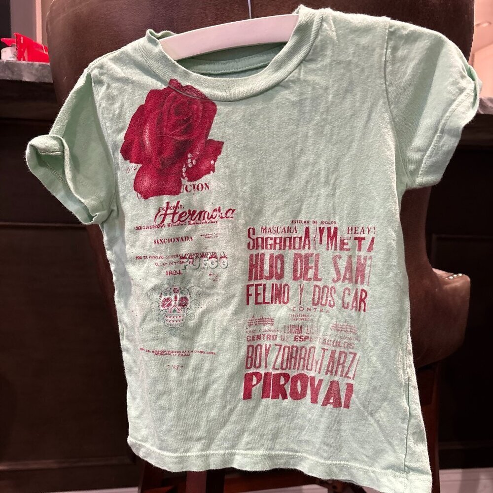 Lucky brand Unique Mint Green Graphic T-Shirt with Rose & Text- 4T